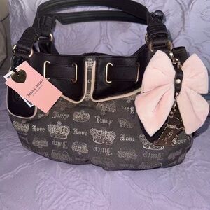 Juicy Couture Black and Cream Shoulder Bag with Pink Bow